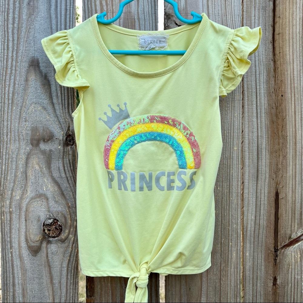 btween Size 6 Flutter Sleeve Yellow  Shirt with Rainbow Sequined Image in front